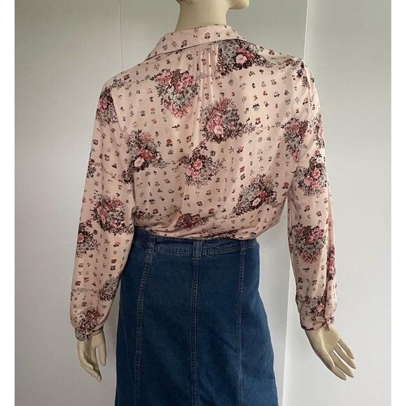 1970s Floral Blouse, Size L, Peach Polyester Shirt, Vintage Blouse - Picture 2 of 10